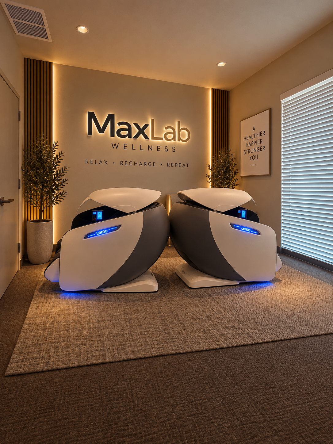 Two LEMO recovery chairs in a premium MaxLab Wellness environment