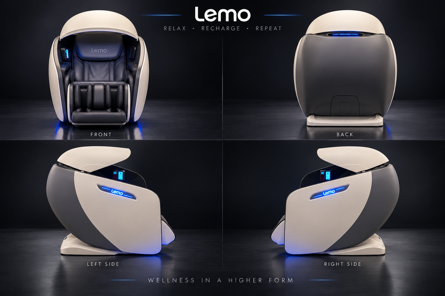 LEMO recovery chair shown from front, back, left, and right sides